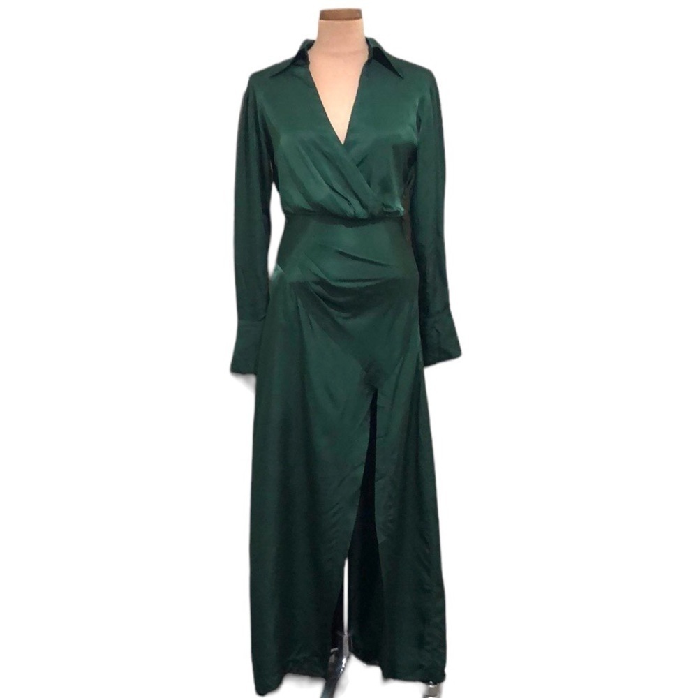 NICHOLAS Deep Green Satin Wrap Maxi Dress